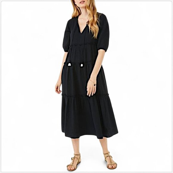 Scoop Long Black Tiered Tassel Gauze Midi Boho Oversized Summer Dress S 4 - 6 - Picture 1 of 5